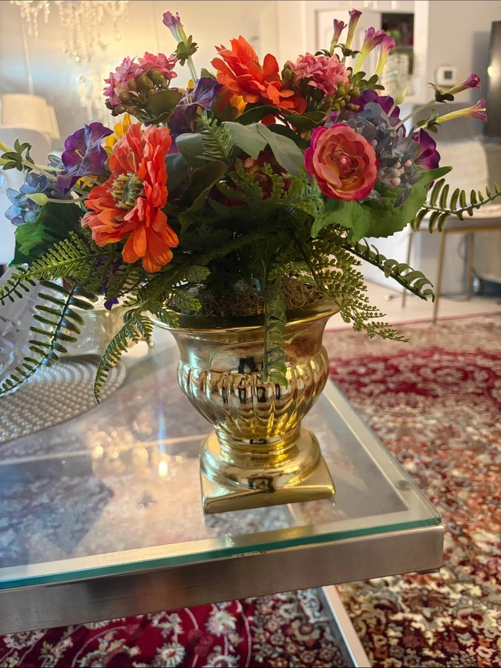 Gold Decorative Urn Vase with Colorful Artificial Floral Arrangement
